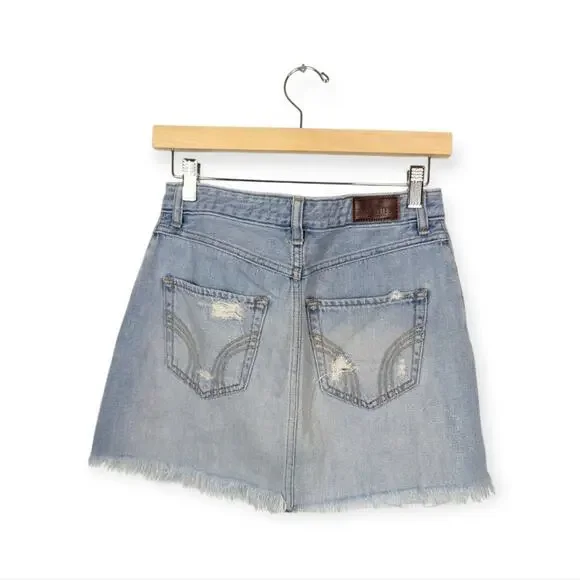Hollister Light Wash Distressed Denim High Rise Mini Skirt Size 26 - Picture 2 of 8